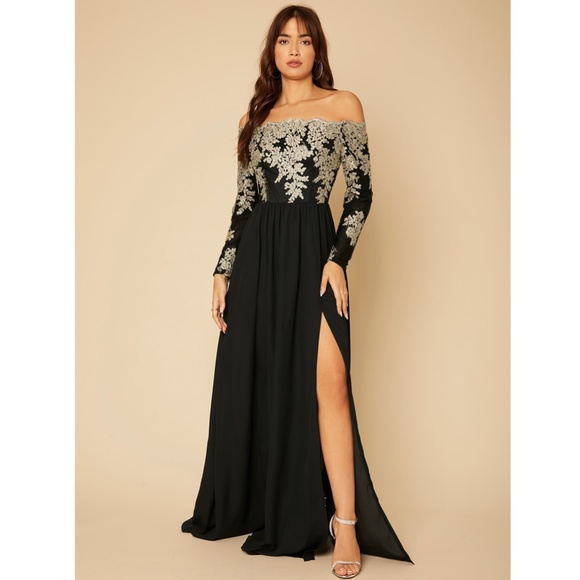 Off Shoulder Embroidered High Slit Maxi Dress Black Gold Long Sleeve - Picture 3 of 16
